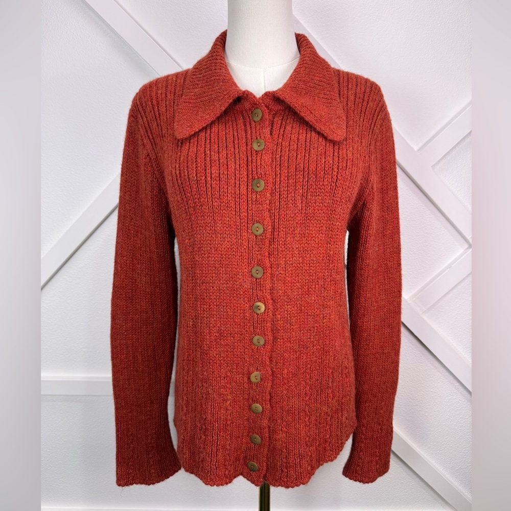 Inis Meain 100% Baby Alpaca Ribbed Collared Cardigan Sweater Rust Red Ireland Lg